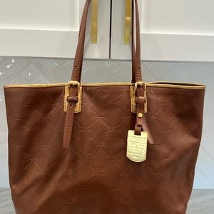 LONGCHAMP brown tote trimmed w gold.
